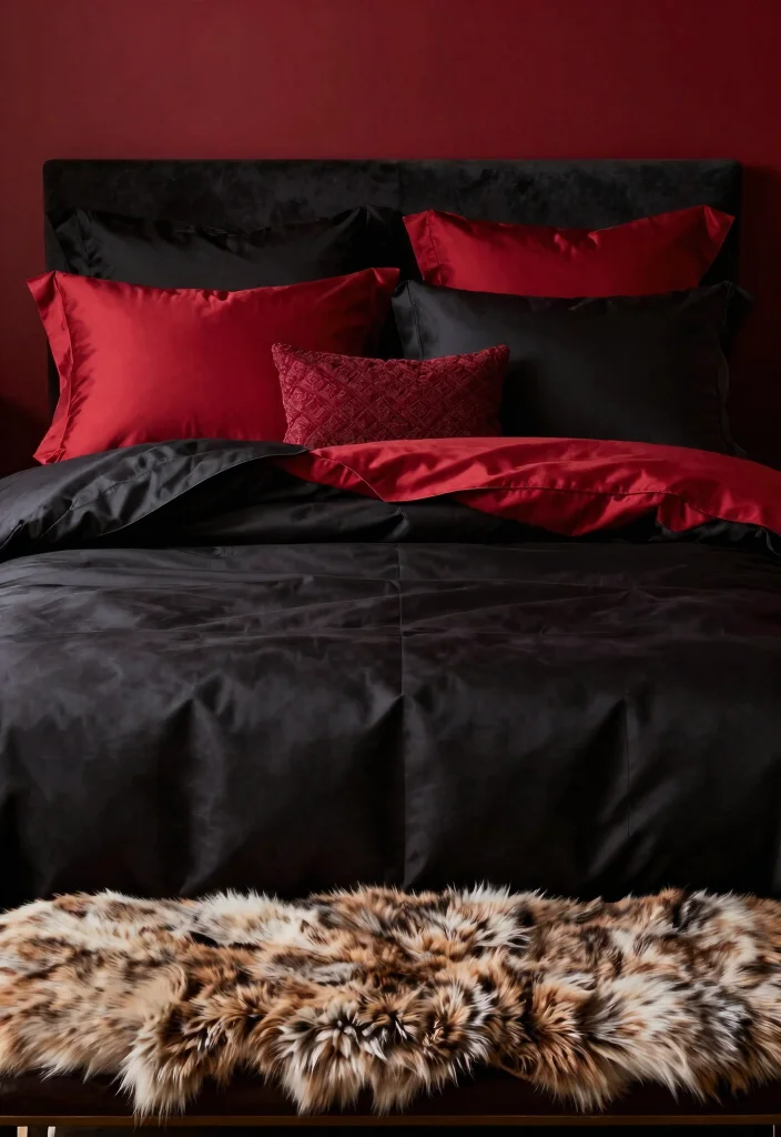 12 Red and Black Bedroom Ideas for Bold Dramatic Interiors 5. Luxurious Bedding 0