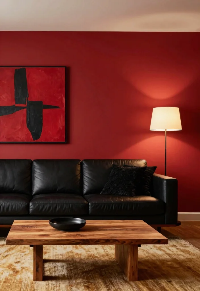 12 Red and Black Living Room Ideas with Bold Contrast 1. Striking Accent Wall 0