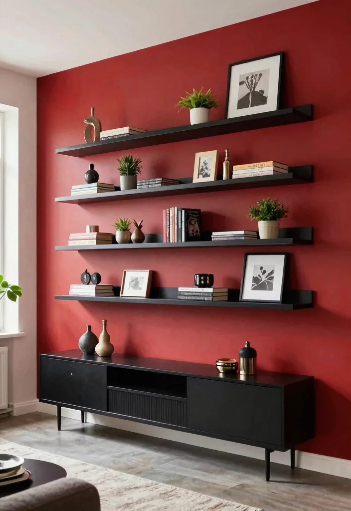 12 Red and Black Living Room Ideas with Bold Contrast 10. Open Shelving and Storage 0