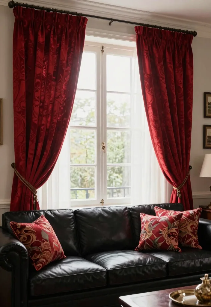 12 Red and Black Living Room Ideas with Bold Contrast 11. Statement Curtains 0