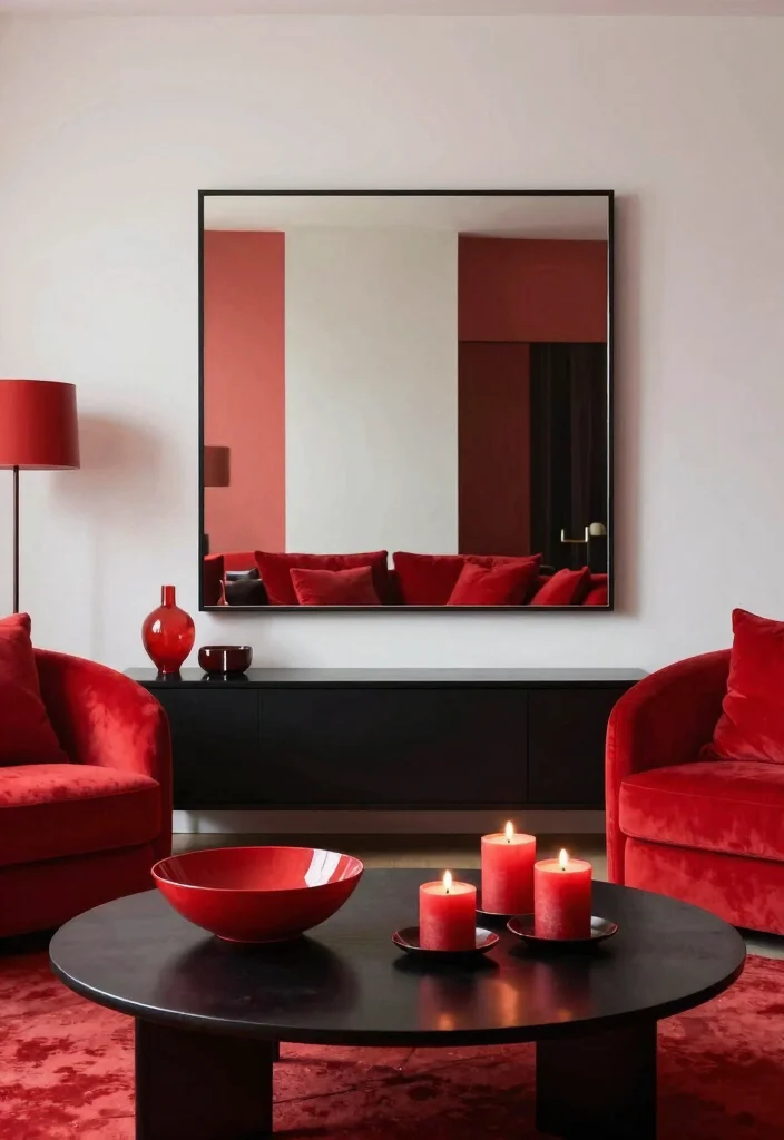 12 Red and Black Living Room Ideas with Bold Contrast 12. Accessories that Pop 0