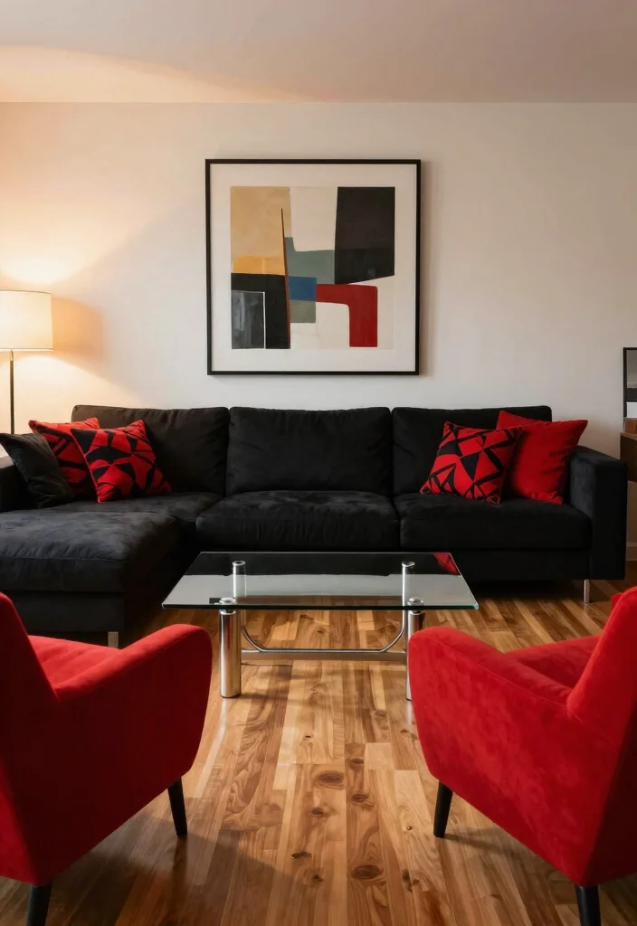 12 Red and Black Living Room Ideas with Bold Contrast 2. Bold Furniture Choices 0