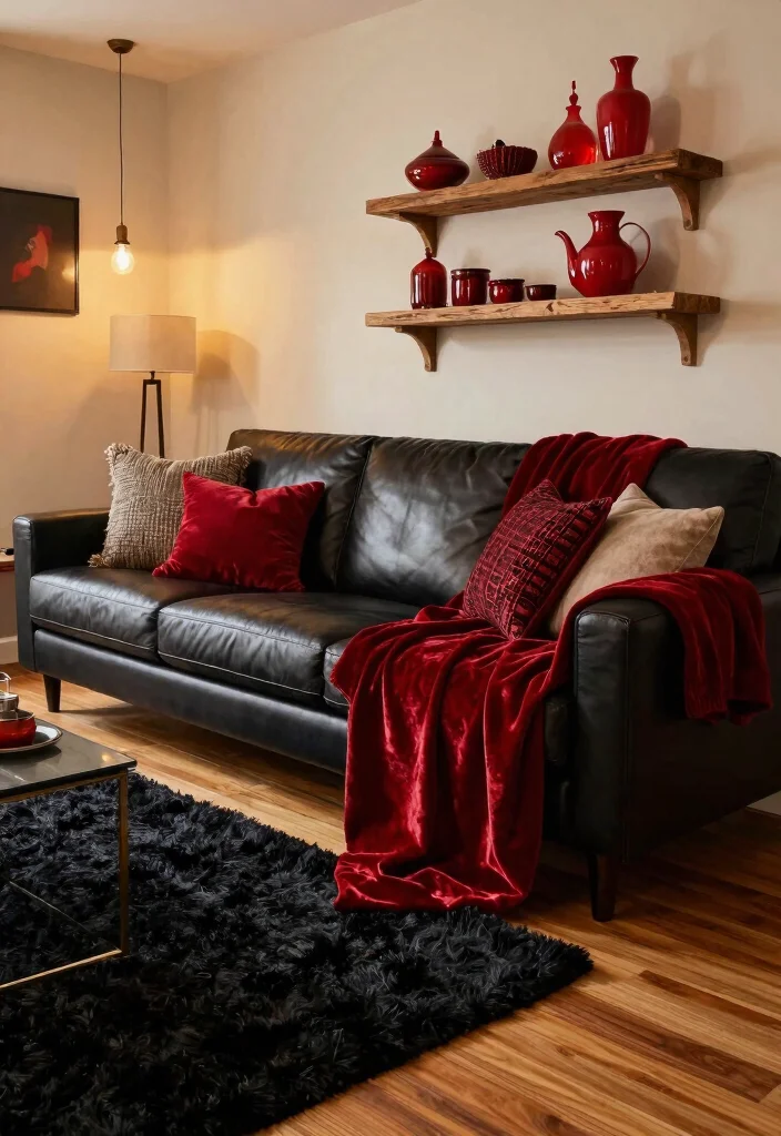 12 Red and Black Living Room Ideas with Bold Contrast 3. Play with Textures 0