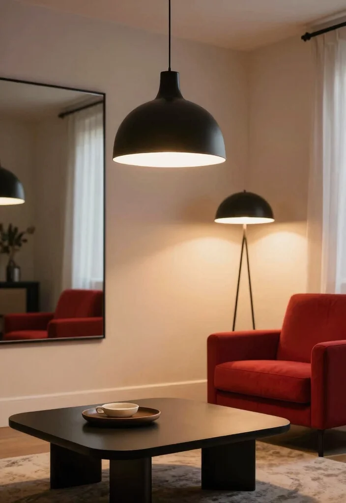 12 Red and Black Living Room Ideas with Bold Contrast 4. Creative Lighting Solutions 0