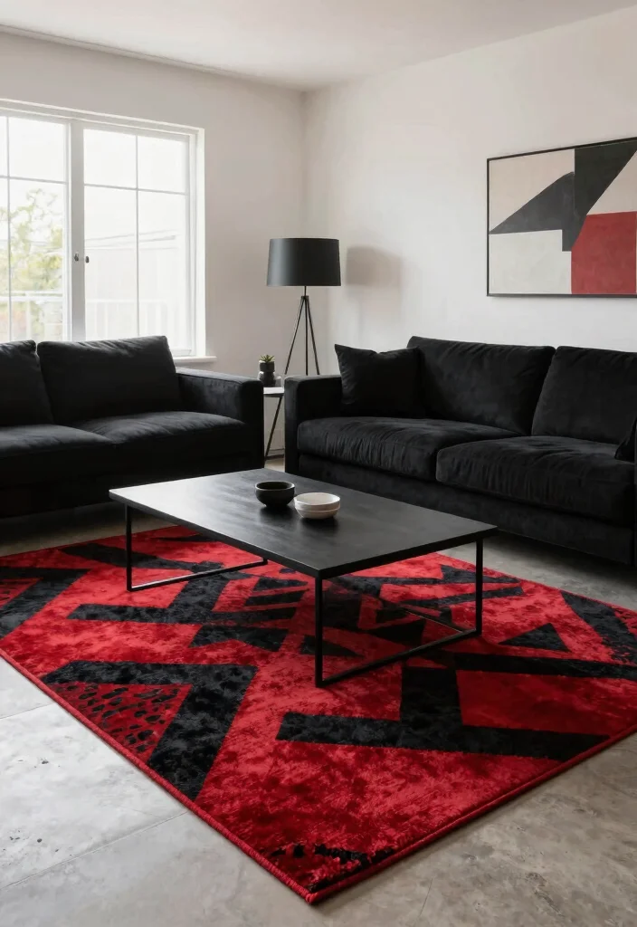 12 Red and Black Living Room Ideas with Bold Contrast 6. Stylish Rugs 0