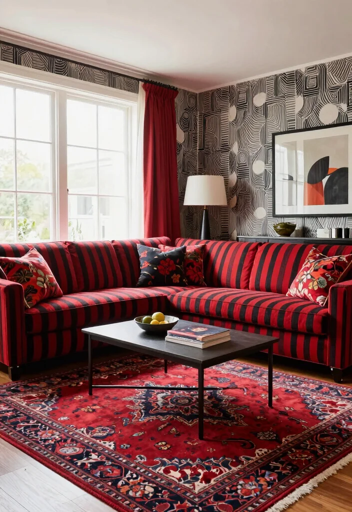 12 Red and Black Living Room Ideas with Bold Contrast 7. Mixing Patterns 0