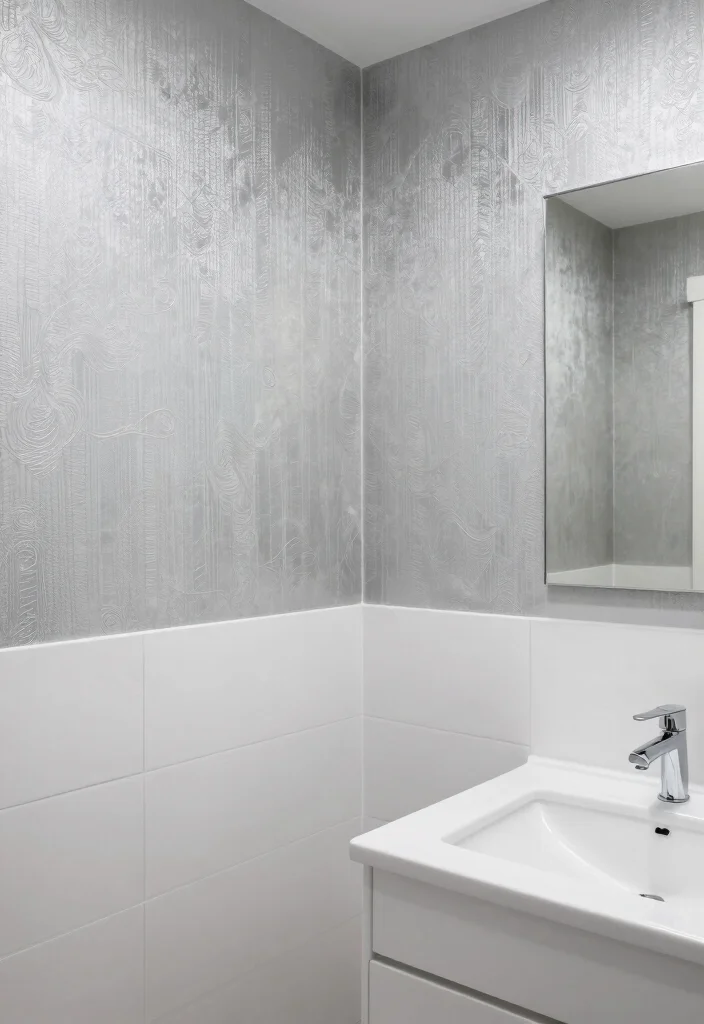 12 Silver Bathroom Decor Ideas with Elegant Modern Touch 62 12 Silver Bathroom Decor Ideas with Elegant Modern Touch 12. Silver Accents in Wallpaper and Tiles 0