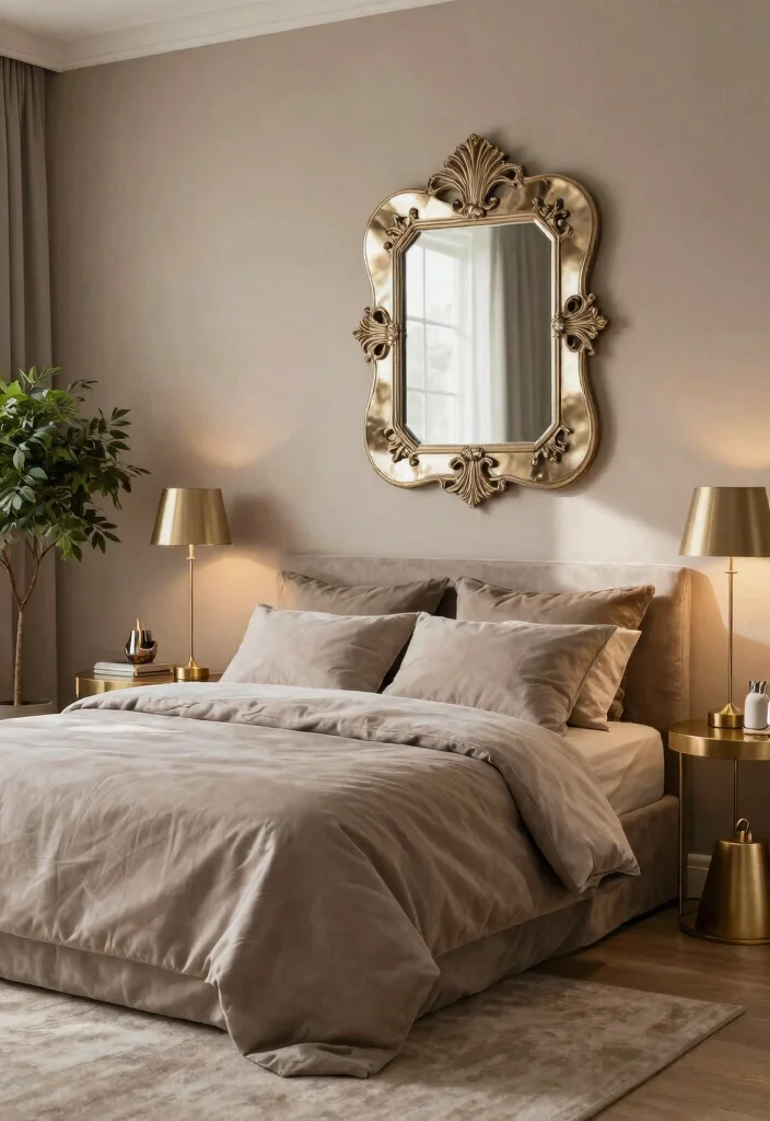 12 Taupe Bedroom Ideas for Soft Neutral Bedroom Styling 9. Taupe and Metallic Accents 0