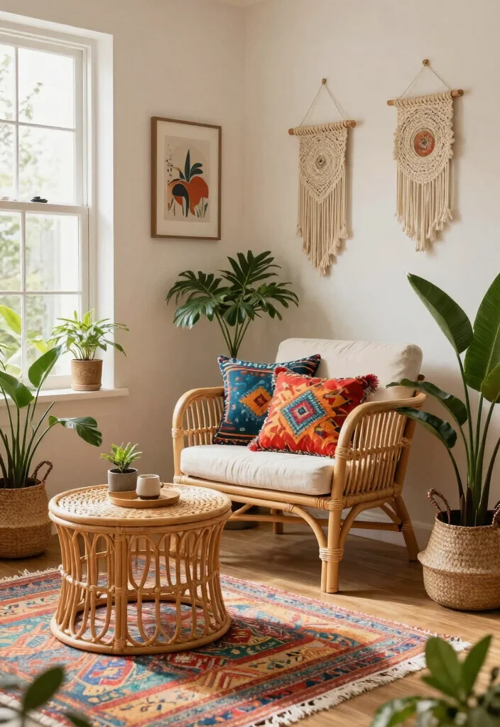 12 Vibrant Living Room Ideas with Colorful Personality 1. Bohemian Bliss with Rattan Accents 0