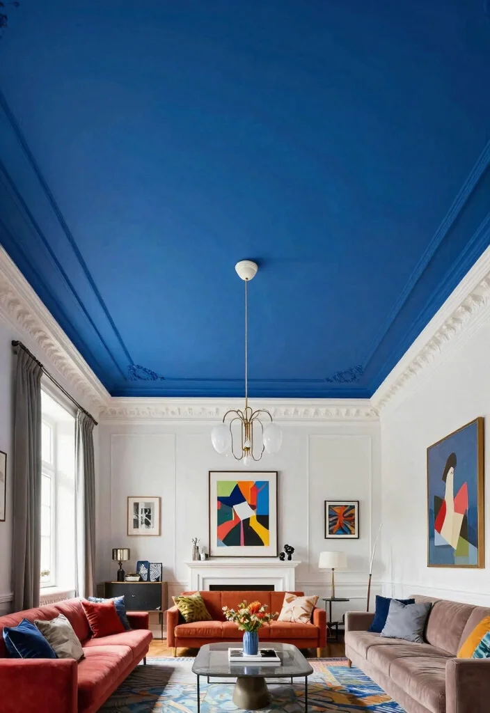 12 Vibrant Living Room Ideas with Colorful Personality 10. Statement Ceilings to Wow Guests 0