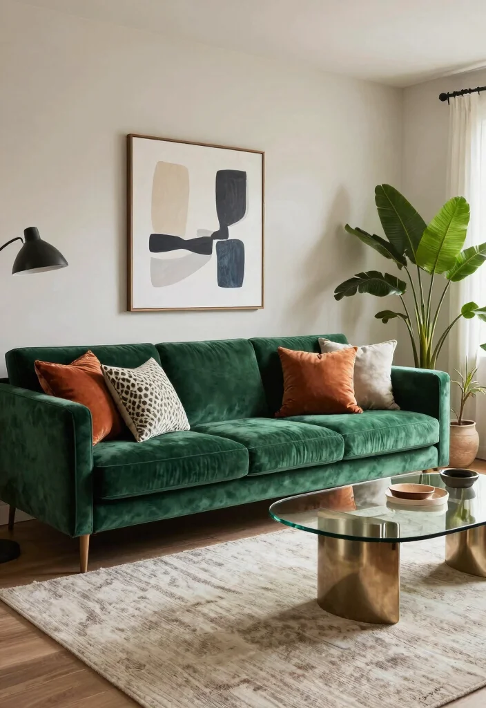 12 Vibrant Living Room Ideas with Colorful Personality 2. Vibrant Velvet Sofa Centerpiece 0