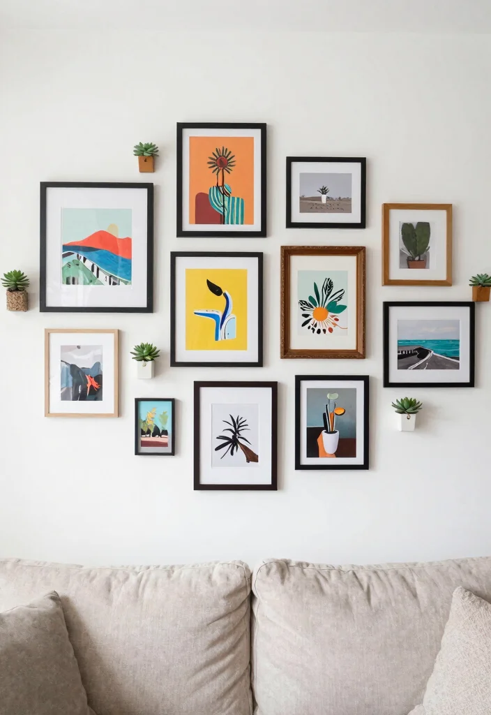 12 Vibrant Living Room Ideas with Colorful Personality 3. Eclectic Gallery Wall of Color 0