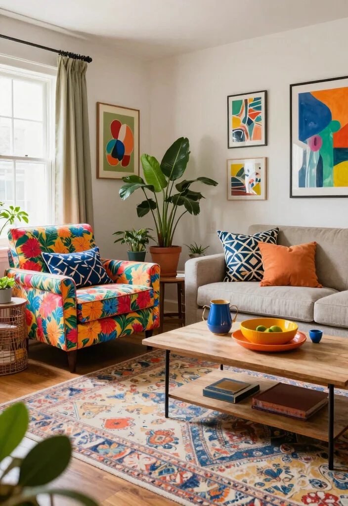 12 Vibrant Living Room Ideas with Colorful Personality 4. Bold Prints and Patterns Galore 0