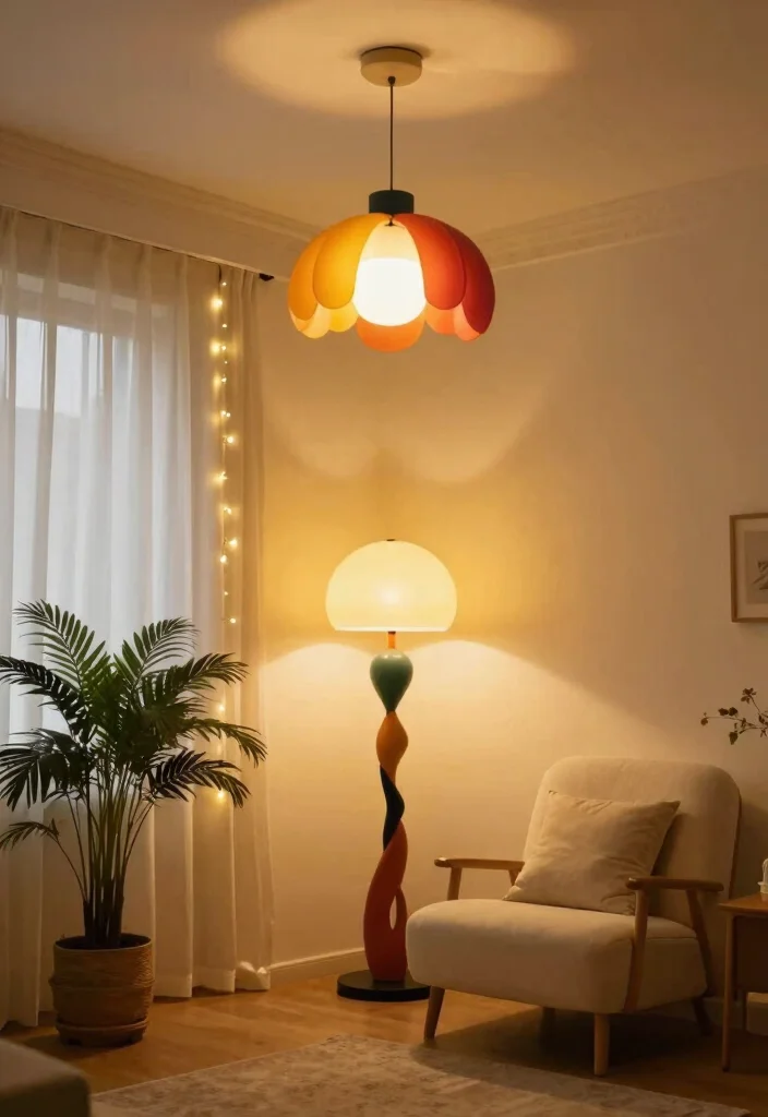 12 Vibrant Living Room Ideas with Colorful Personality 5. Whimsical Lighting Fixtures 0