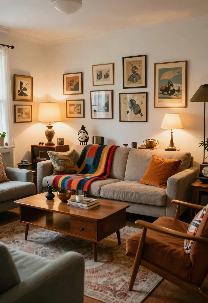 12 Vibrant Living Room Ideas with Colorful Personality 7. Vintage Finds and Thrifted Treasures 0
