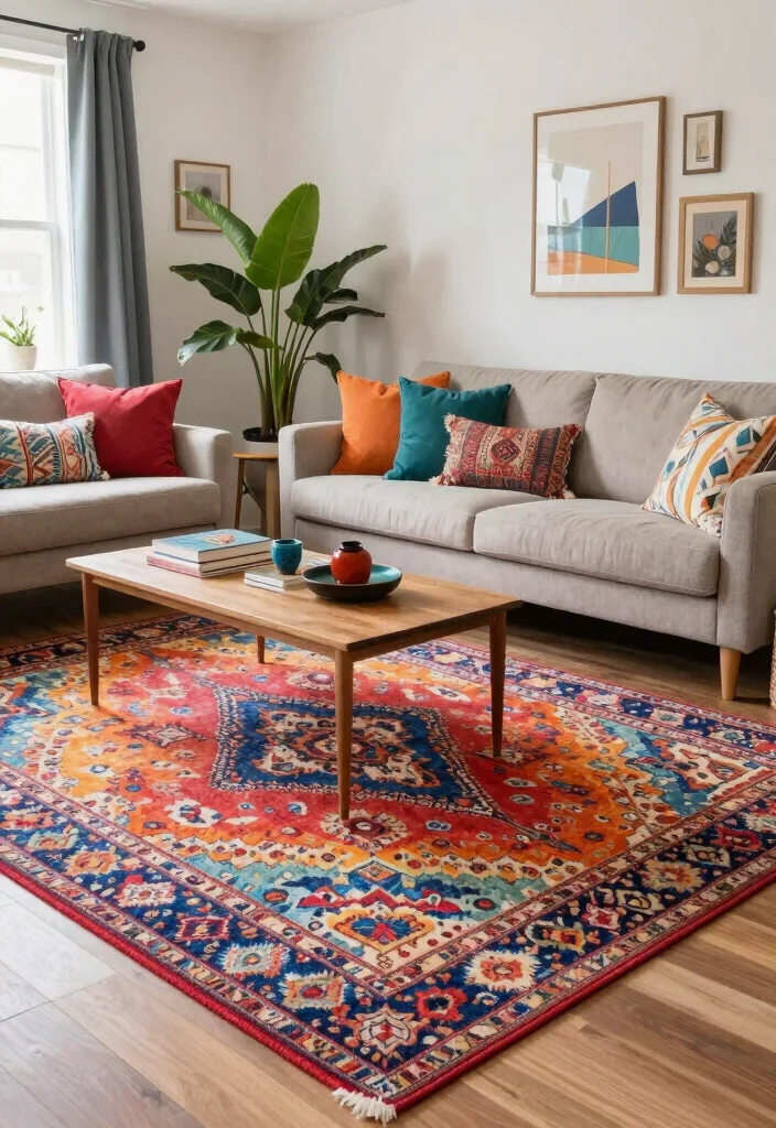 12 Vibrant Living Room Ideas with Colorful Personality 8. Colorful Area Rugs to Define Spaces 0