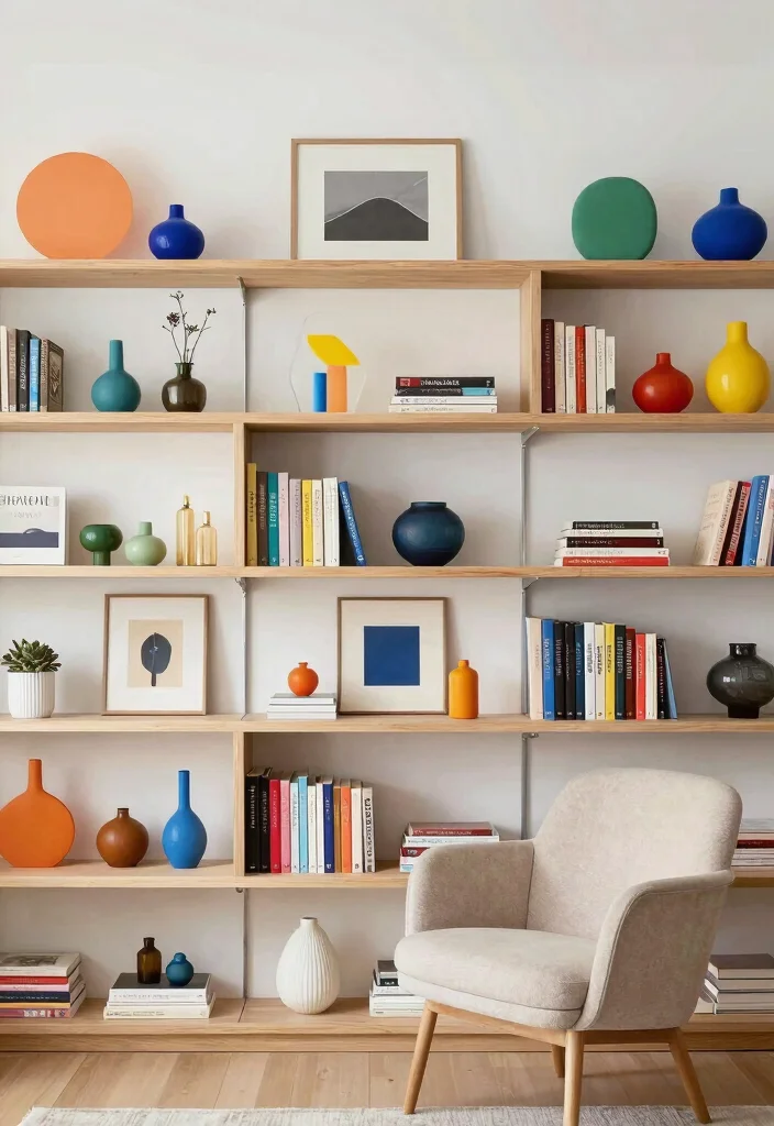 12 Vibrant Living Room Ideas with Colorful Personality 9. Creative Shelving Solutions 0