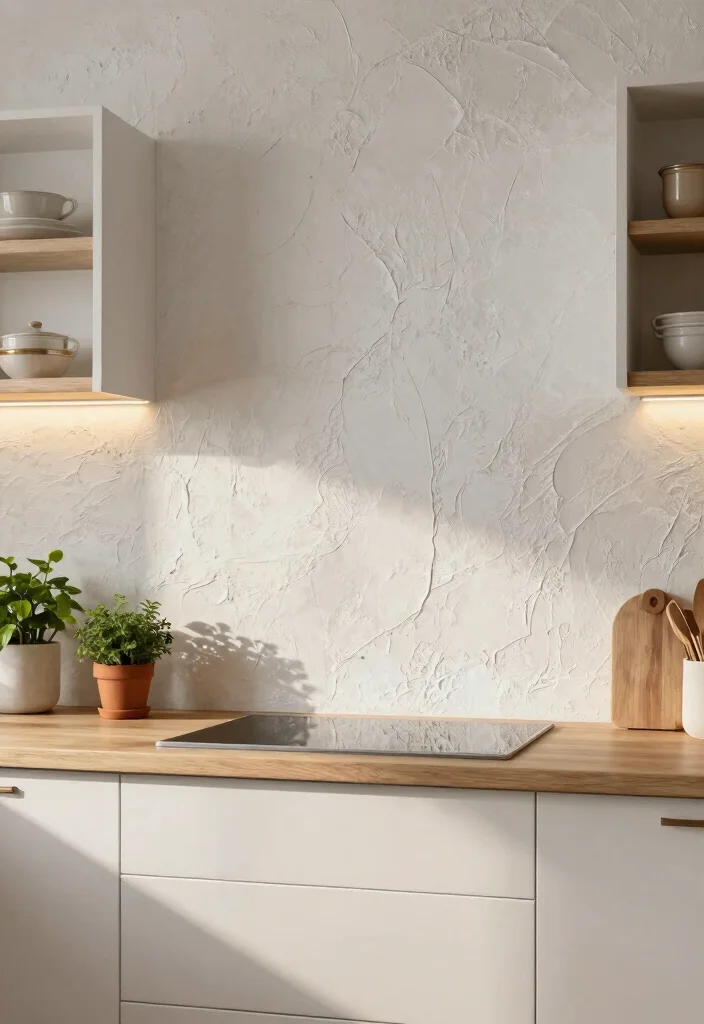 12 White Cabinet Backsplash Ideas for a Polished Finish 2. Textured White Plaster 0