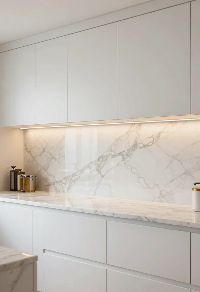 12 White Cabinet Backsplash Ideas for a Polished Finish 3. Marble Slabs 0