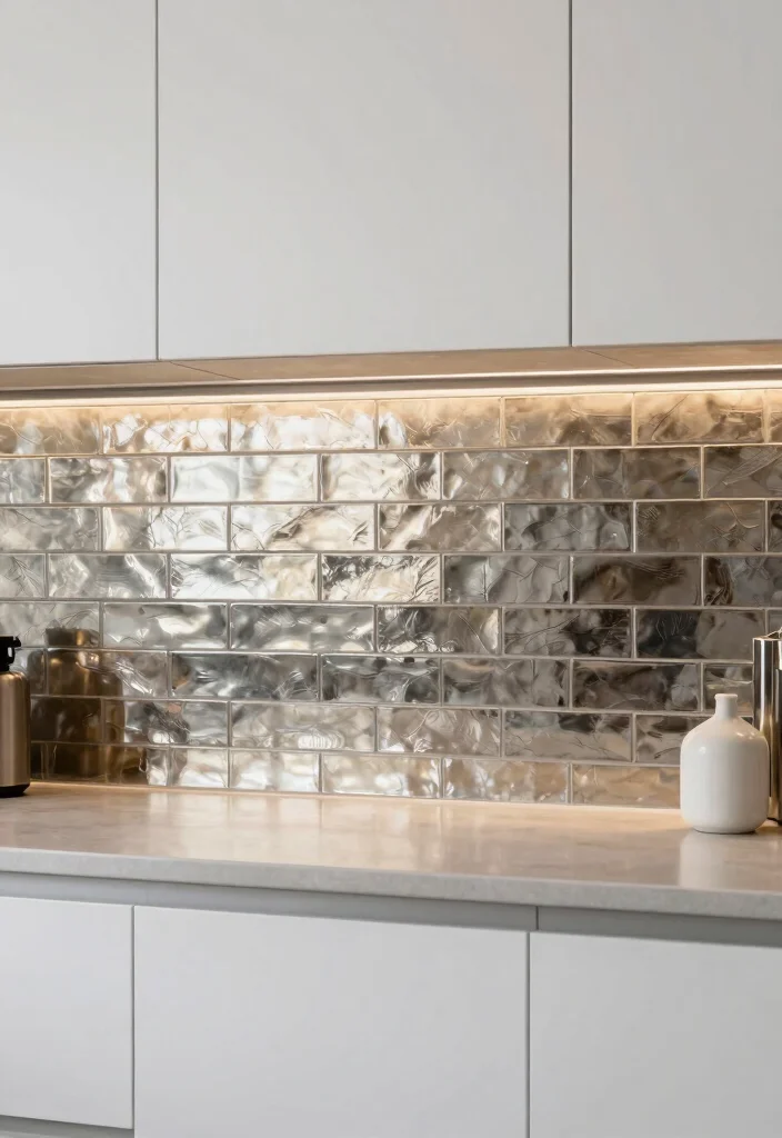 12 White Cabinet Backsplash Ideas for a Polished Finish 7. Metallic Tiles 0