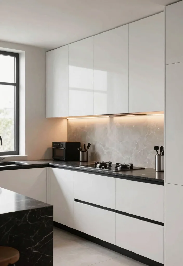 12 White Gloss Kitchen Ideas for a Sleek Contemporary Look 1. High Gloss Contrast with Dark Accents 0