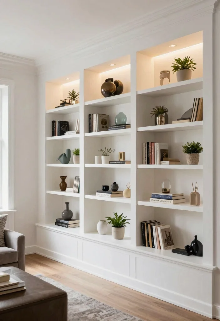 12 White Wall Living Room Ideas for Clean Bright Interiors 10. Integrate Built In Shelving 0