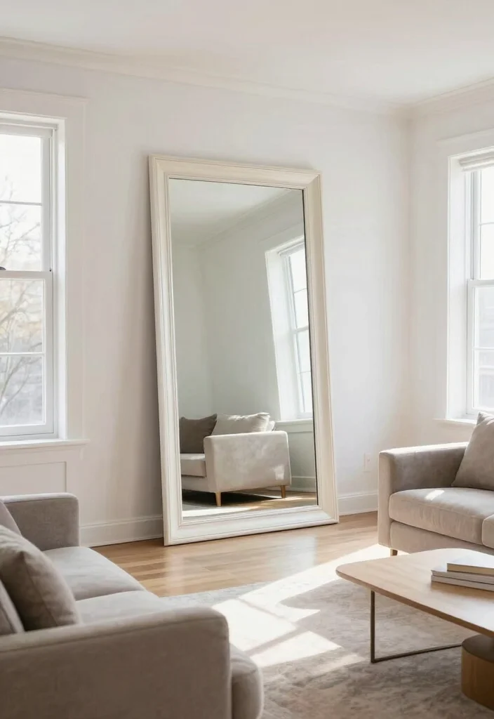 12 White Wall Living Room Ideas for Clean Bright Interiors 9. Use Mirrors to Enhance Light 0