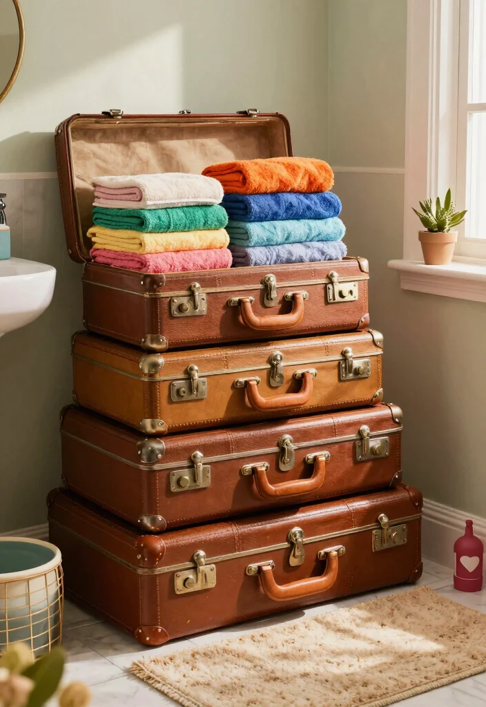 14 Bathroom Towel Storage Ideas for Small and Busy Bathrooms 11. Vintage Suitcases for Towel Storage 0