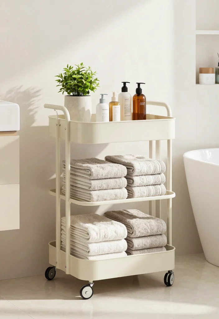 14 Bathroom Towel Storage Ideas for Small and Busy Bathrooms 7. Rolling Carts for Portable Towel Storage 0