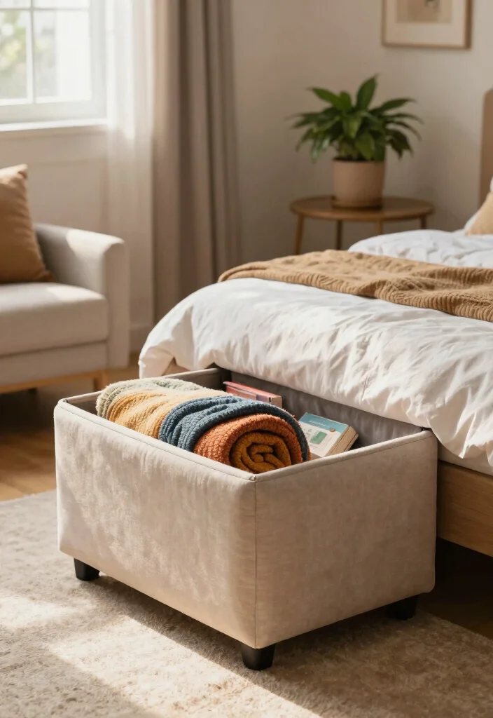 14 Bedroom Storage Ideas for Small Spaces and Apartments 5. Stylish Storage Ottomans 0