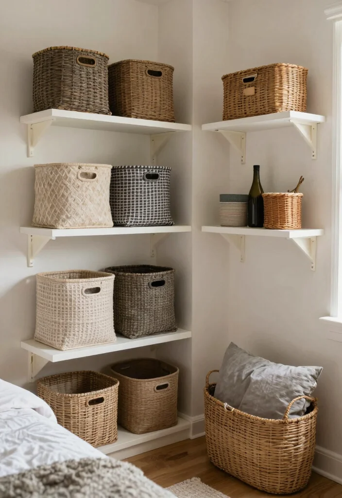 14 Bedroom Storage Ideas for Small Spaces and Apartments 9. Decorative Bins and Baskets 0
