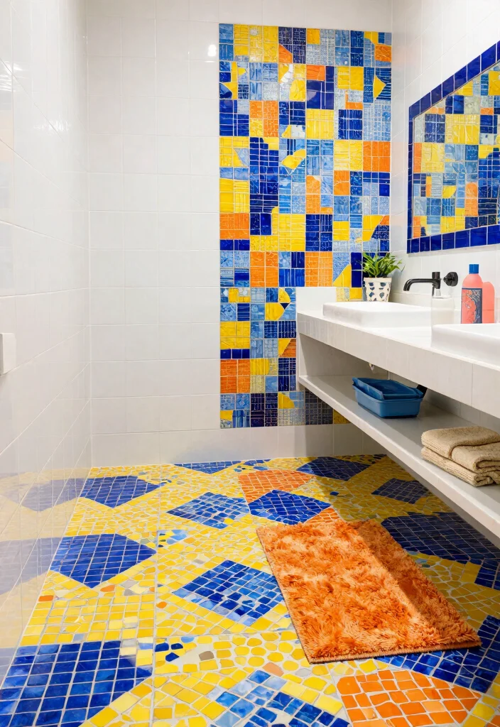 14 Bright Colorful Bathroom Ideas for Playful Modern Homes 3. Bold Tile Art 0