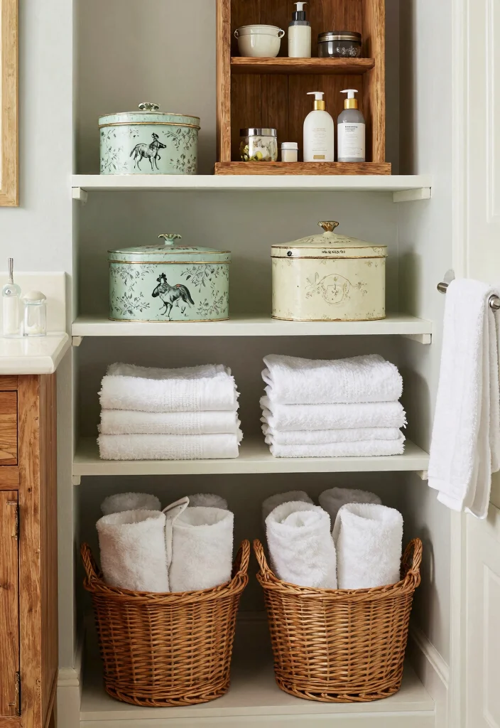 14 French Country Bathroom Ideas with Soft Rustic Elegance 10. Decorative Storage Solutions 0