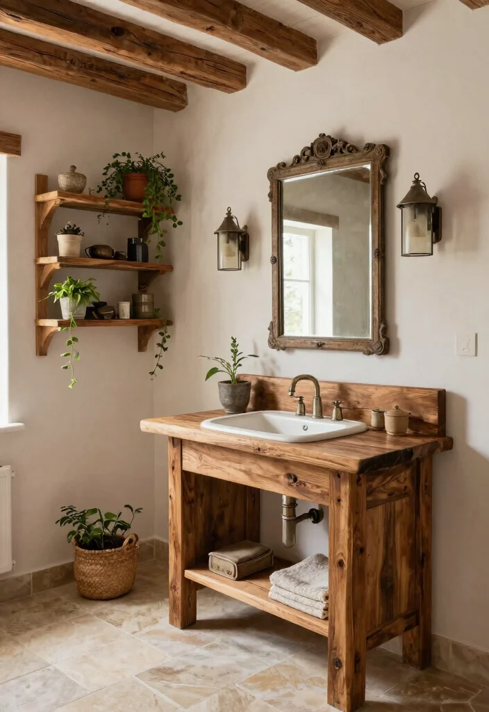 14 French Country Bathroom Ideas with Soft Rustic Elegance 3. Rustic Wooden Accents 0