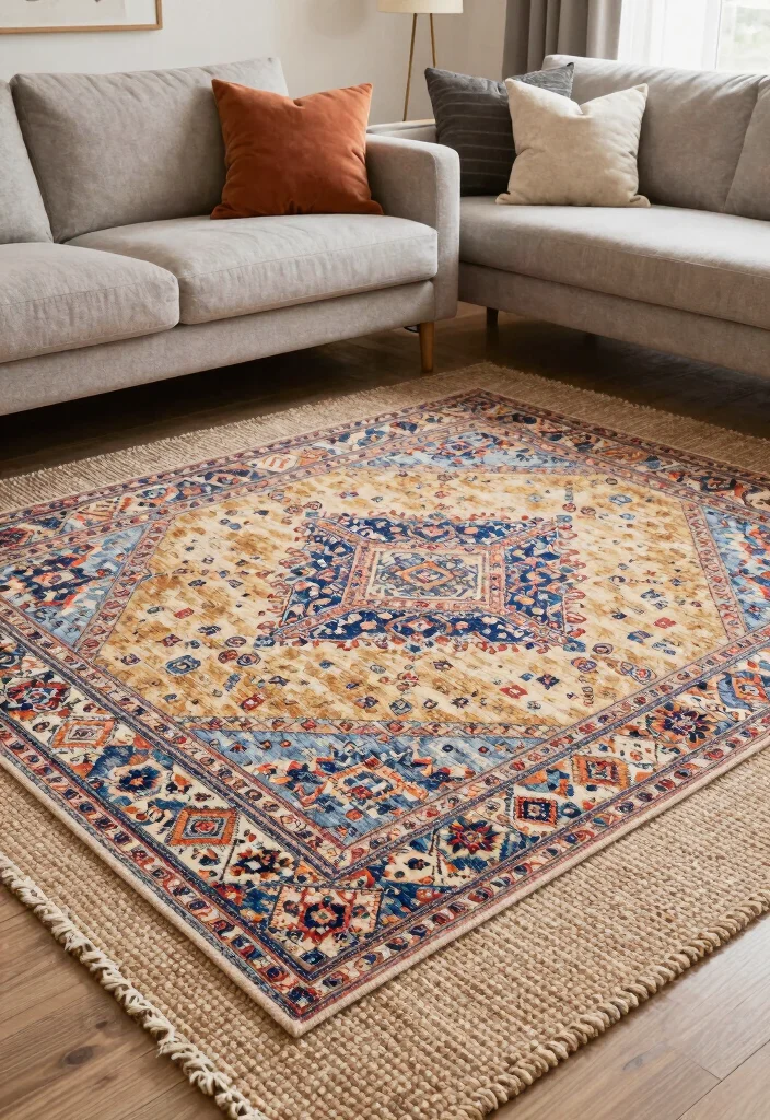 14 High Ceiling Living Room Ideas with Balanced Proportions 13. Layered Rugs 0