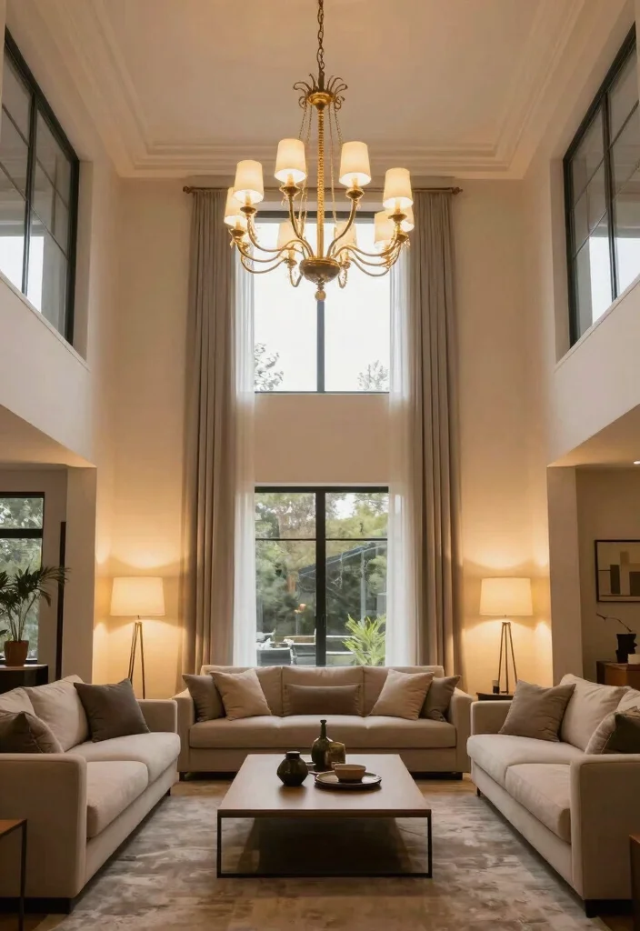 14 High Ceiling Living Room Ideas with Balanced Proportions 3. Layered Lighting Solutions 0