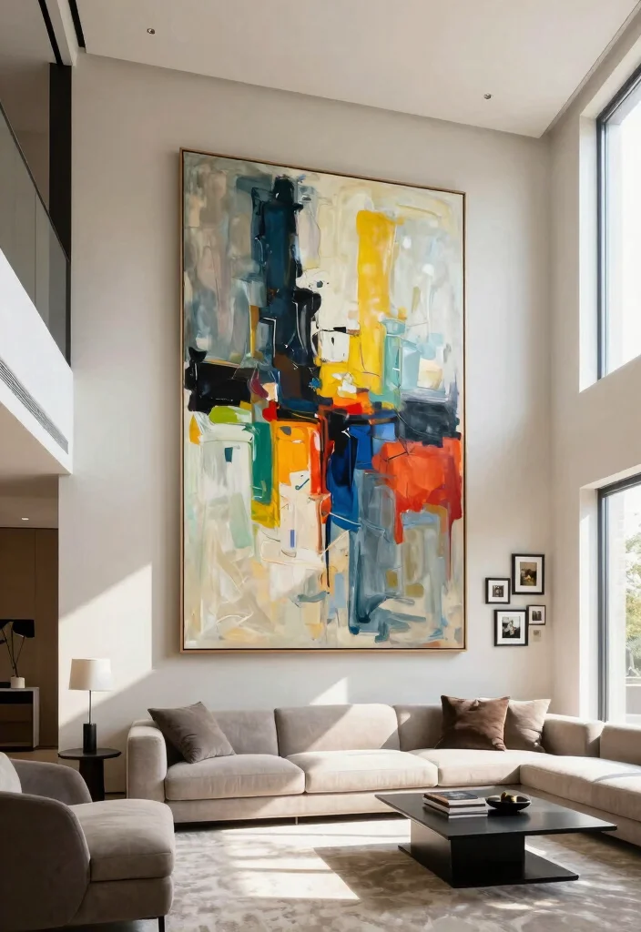 14 High Ceiling Living Room Ideas with Balanced Proportions 6. Add Dramatic Wall Art 0