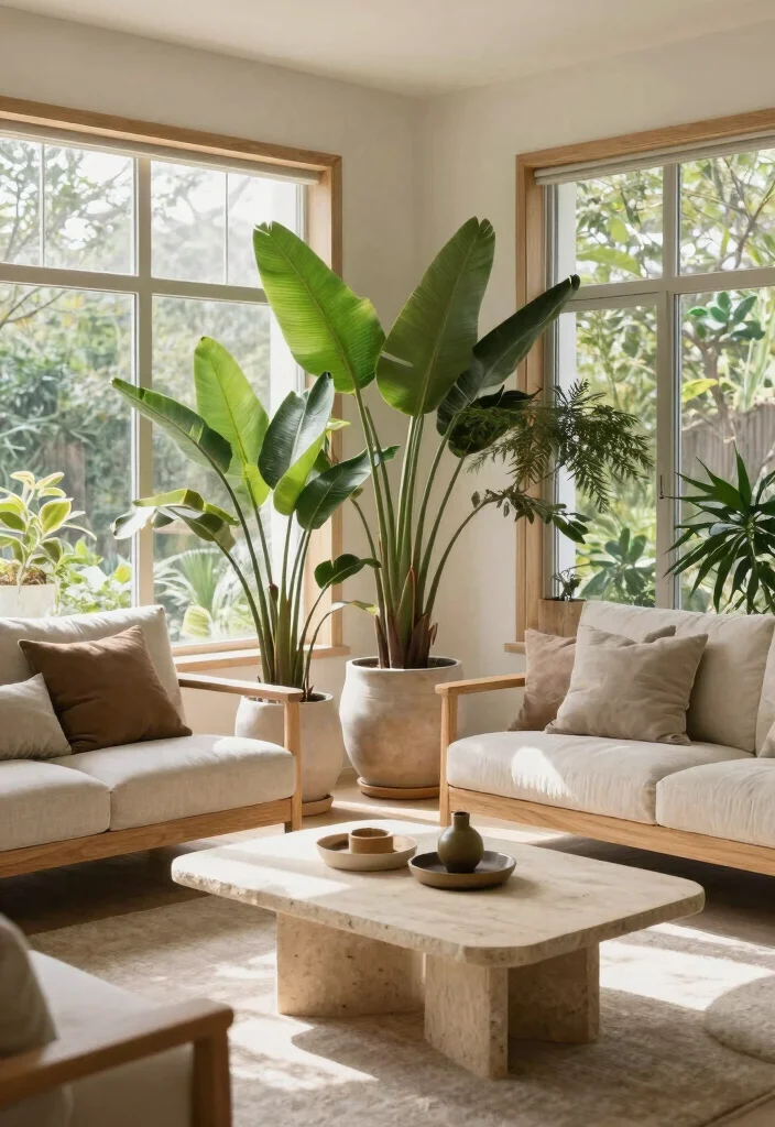 14 High Ceiling Living Room Ideas with Balanced Proportions 9. Incorporate Natural Elements 0