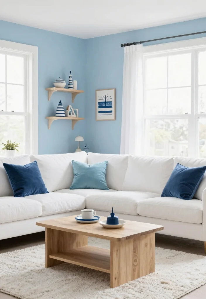 14 Living Room Color Combination Ideas That Always Work 5. Cool Blues and Crisp Whites 0