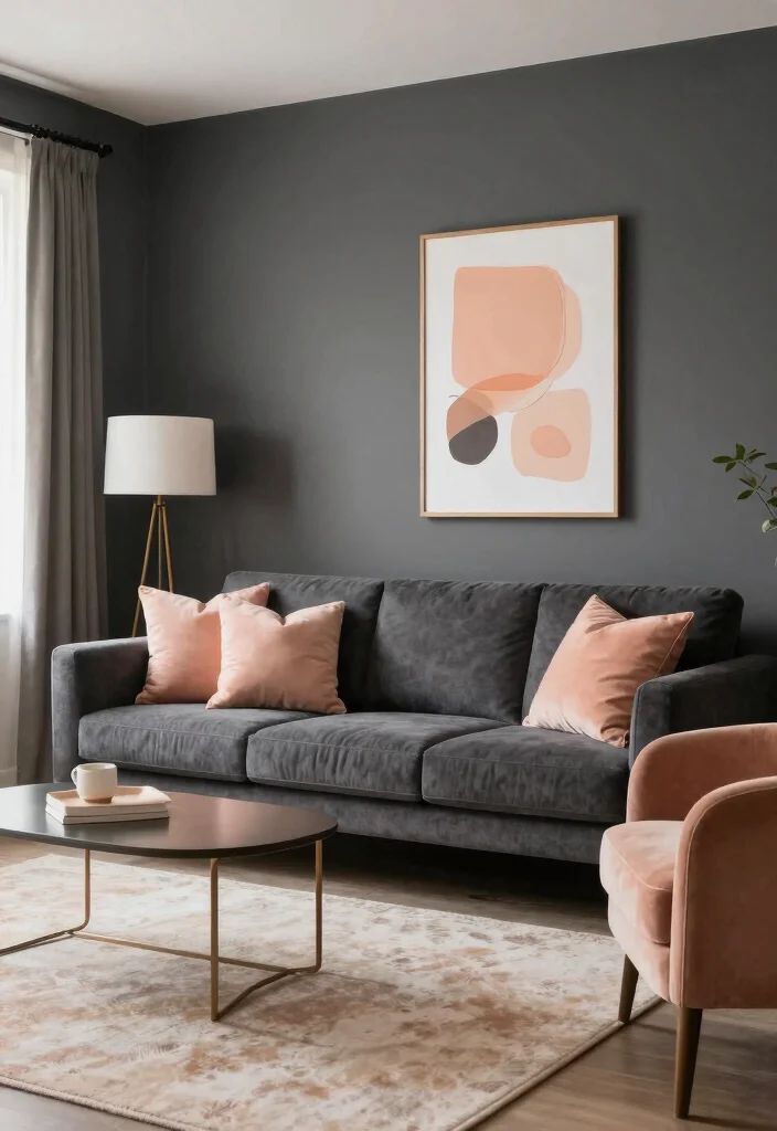 14 Living Room Color Combination Ideas That Always Work 8. Charcoal and Soft Peach 0
