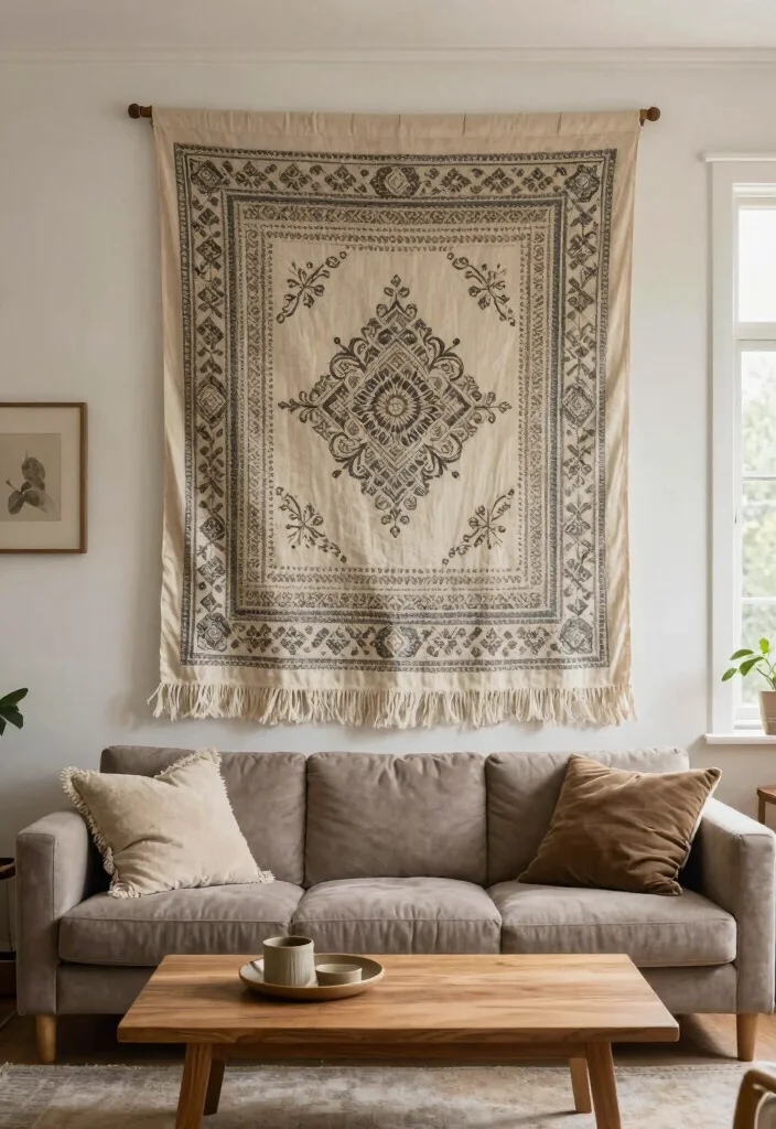 14 Living Room Feature Wall Ideas to Create a Focal Point 7. Fabric Wall Hangings 0
