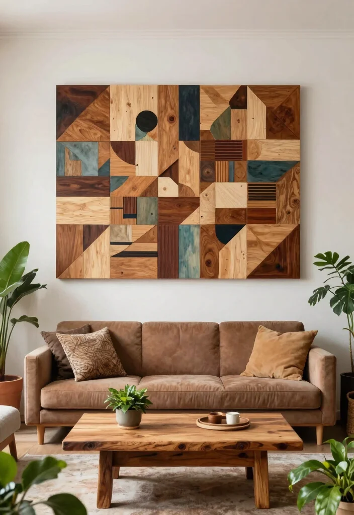 14 Living Room Feature Wall Ideas to Create a Focal Point 8. Upcycled Wood Art 0