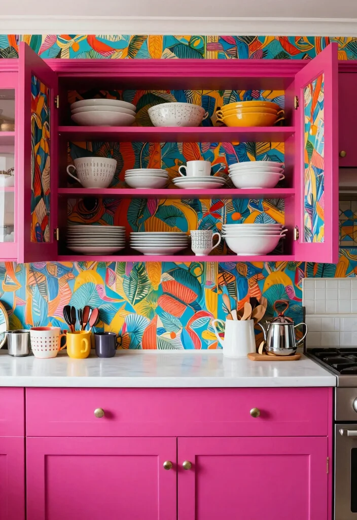 14 Open Kitchen Cabinet Ideas for an Airy Display Look 11. Bright and Bold Wallpaper Backdrops 0