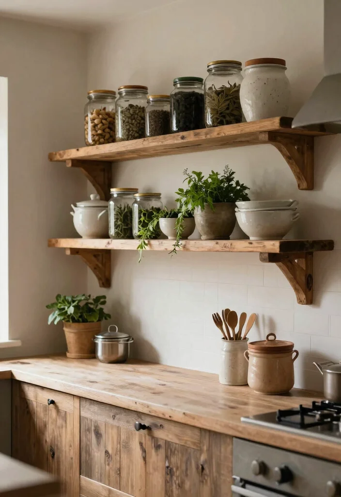 14 Open Kitchen Cabinet Ideas for an Airy Display Look 2. Rustic Wooden Shelves for Warmth 0