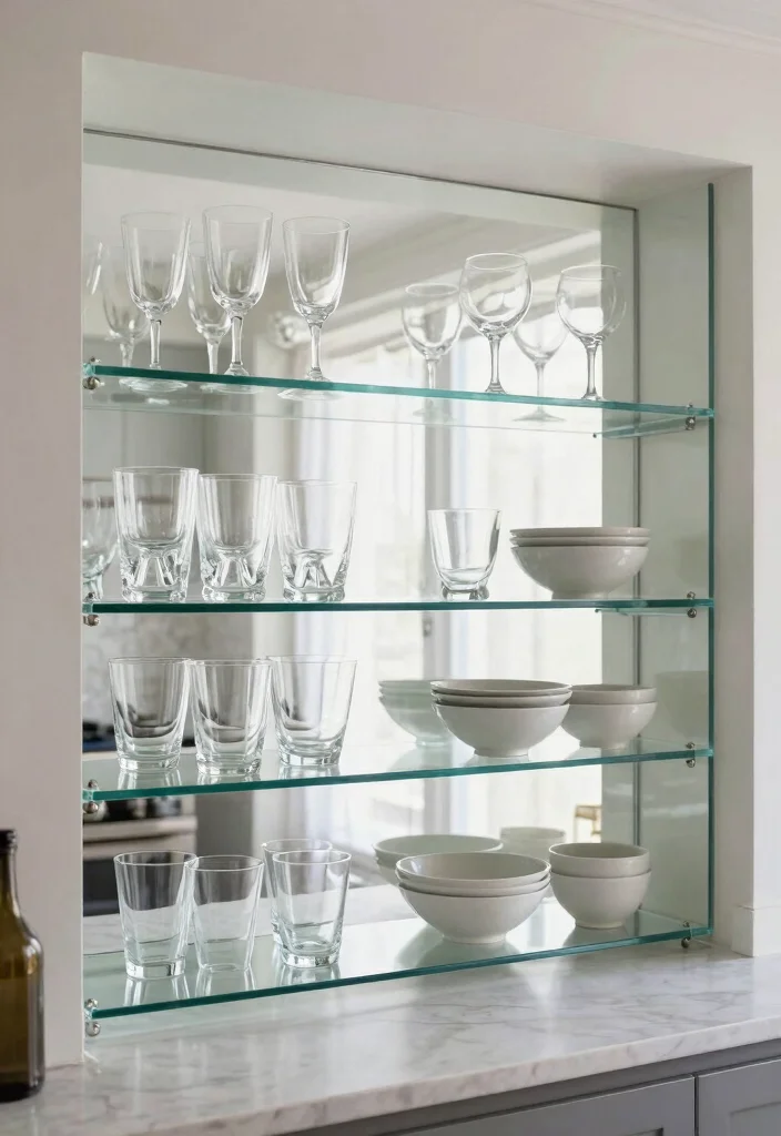 14 Open Kitchen Cabinet Ideas for an Airy Display Look 3. Glass Shelving for an Airy Feel 0