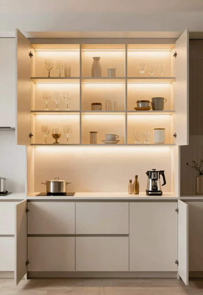 14 Open Kitchen Cabinet Ideas for an Airy Display Look 7. Open Cabinets with Chic Lighting 0