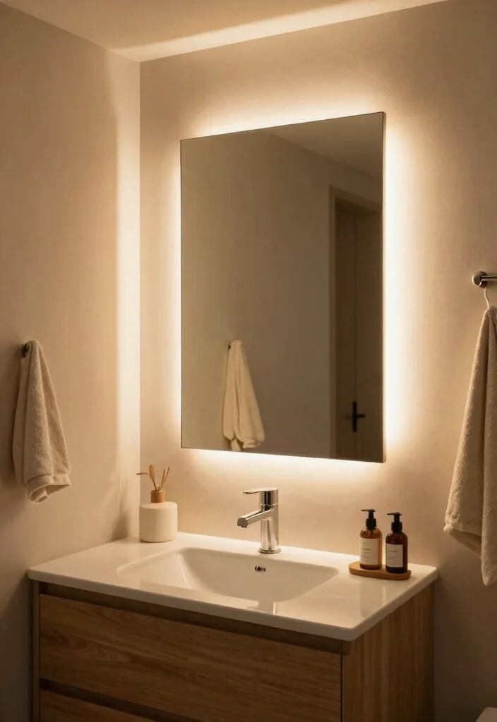 14 Scandi Bathroom Ideas with Clean Nordic Calm Vibes 13. Warm Lighting for Atmosphere 0