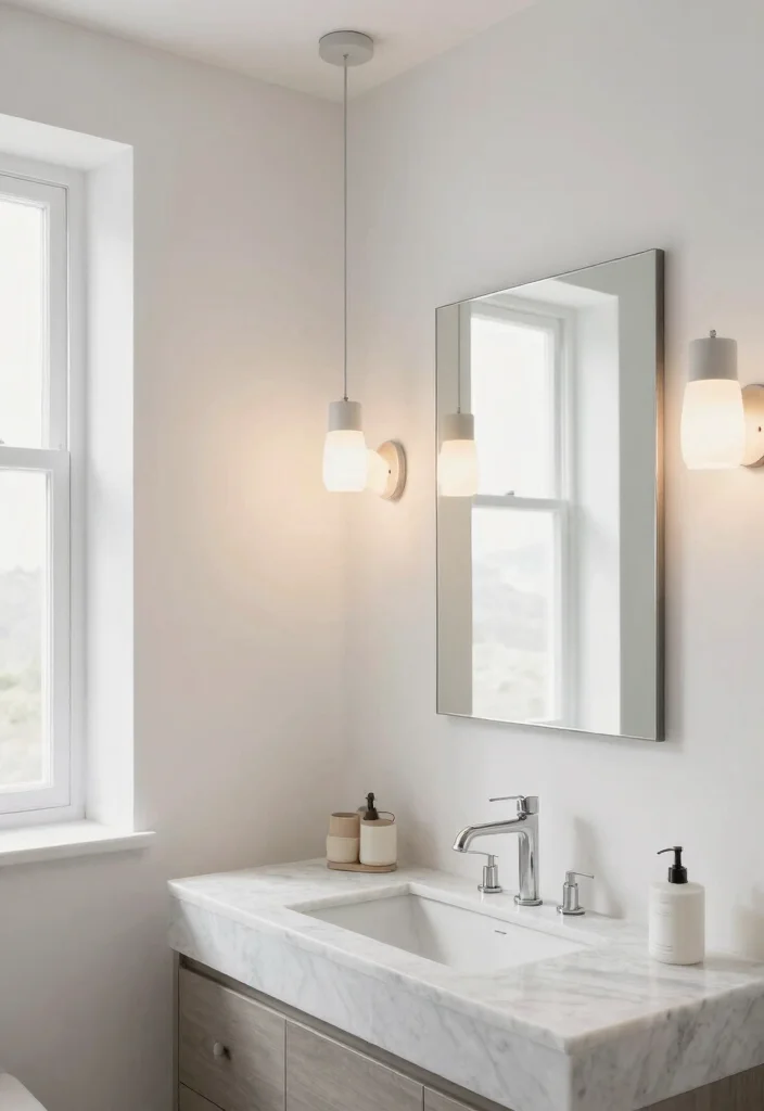 14 Scandi Bathroom Ideas with Clean Nordic Calm Vibes 4. Minimalist Lighting Fixtures 0
