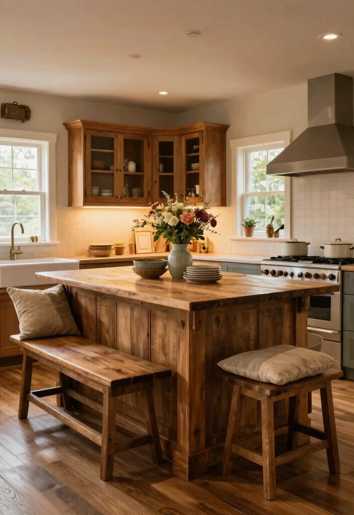 16 Kitchen Layout Ideas with Island Floor Plans Farmhouse Style 14. Cozy Farmhouse Island with Built In Seating 0