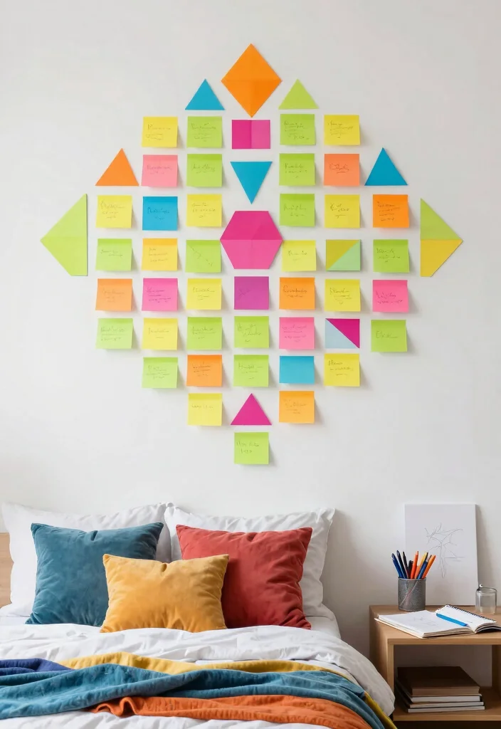 9 Sticky Notes Wall Ideas for Creative Bedroom Decor 3. Colorful Geometric Patterns 0